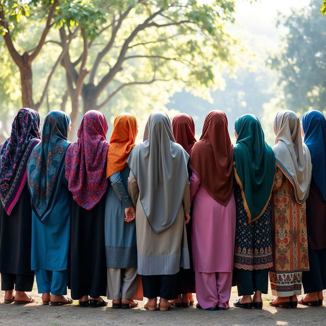A diverse group of fifteen hijabi girls standing together, all with their backs turned