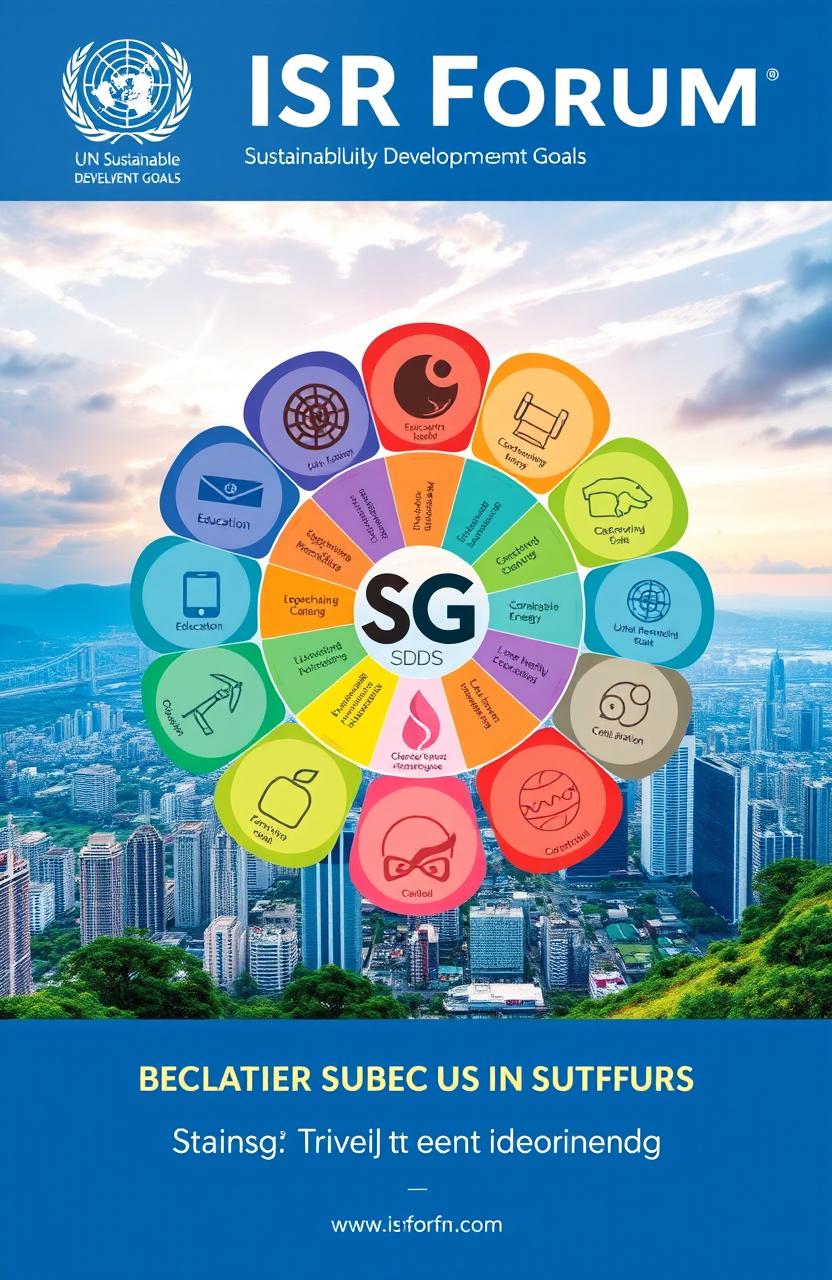 A visually engaging poster depicting the UN Sustainable Development Goals (SDGs) highlighted by the ISR Forum
