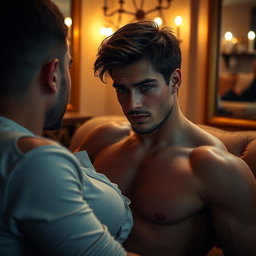 A romantic scene featuring a hot male model in an intimate setting, showcasing a sensual atmosphere with soft lighting, elegant decor, and enticing body language