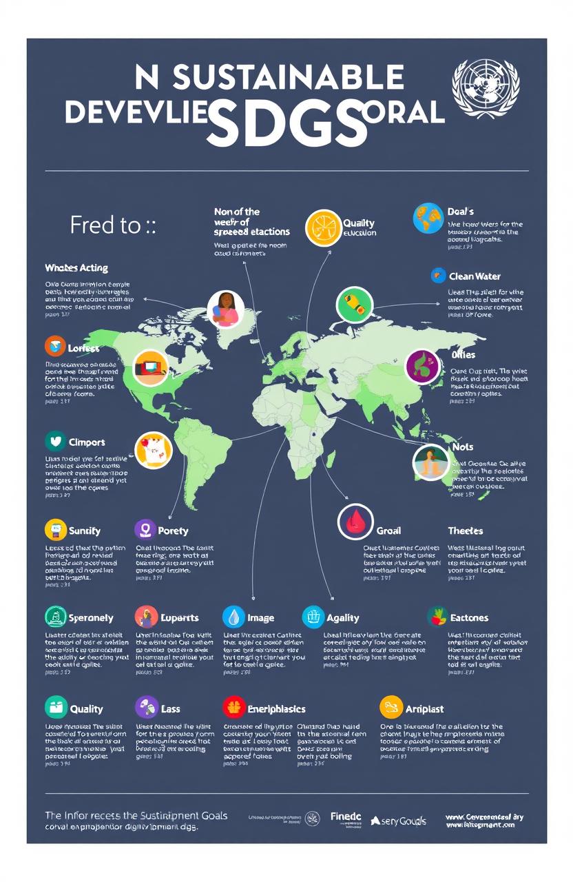 An informative and engaging infographic showcasing the UN Sustainable Development Goals (SDGs), featuring all 17 goals depicted in colorful illustrations