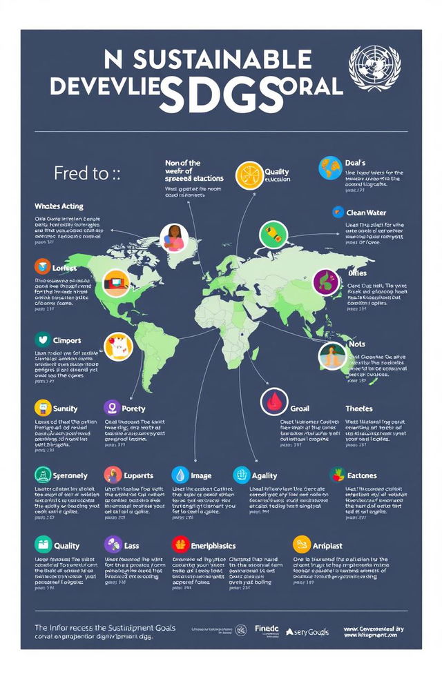 An informative and engaging infographic showcasing the UN Sustainable Development Goals (SDGs), featuring all 17 goals depicted in colorful illustrations