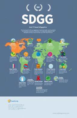 An informative and engaging infographic showcasing the UN Sustainable Development Goals (SDGs), featuring all 17 goals depicted in colorful illustrations