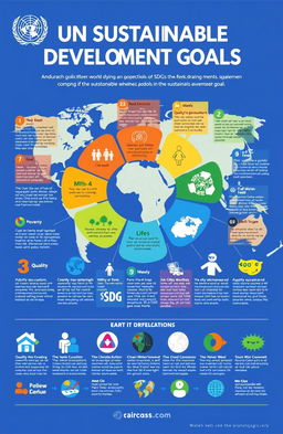 An informative and engaging infographic showcasing the UN Sustainable Development Goals (SDGs), featuring all 17 goals depicted in colorful illustrations