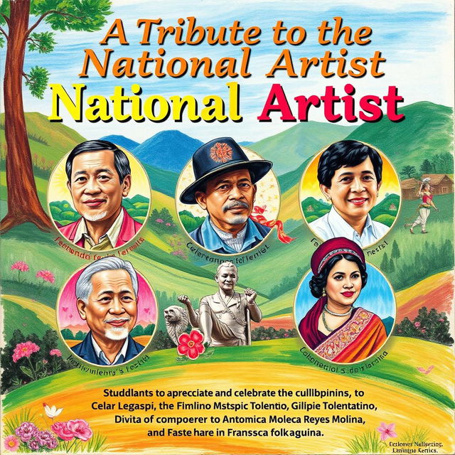 A vibrant landscape-oriented poster titled 'A Tribute to the National Artist', showcasing appreciation for Filipino National Artists