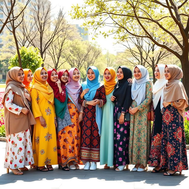 Fifteen diverse hijabi girls, each wearing beautifully designed hijabs in various vibrant colors and patterns, standing together in a sunny urban park