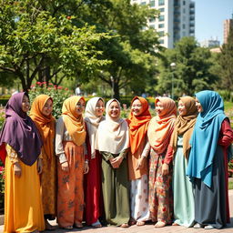 Fifteen diverse hijabi girls, each wearing beautifully designed hijabs in various vibrant colors and patterns, standing together in a sunny urban park