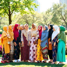 Fifteen diverse hijabi girls, each wearing beautifully designed hijabs in various vibrant colors and patterns, standing together in a sunny urban park
