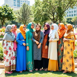 Fifteen diverse hijabi girls, each wearing beautifully designed hijabs in various vibrant colors and patterns, standing together in a sunny urban park