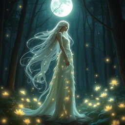 An ethereal figure representing 'Astried', depicted as a beautiful, glowing being in an enchanting forest