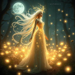 An ethereal figure representing 'Astried', depicted as a beautiful, glowing being in an enchanting forest