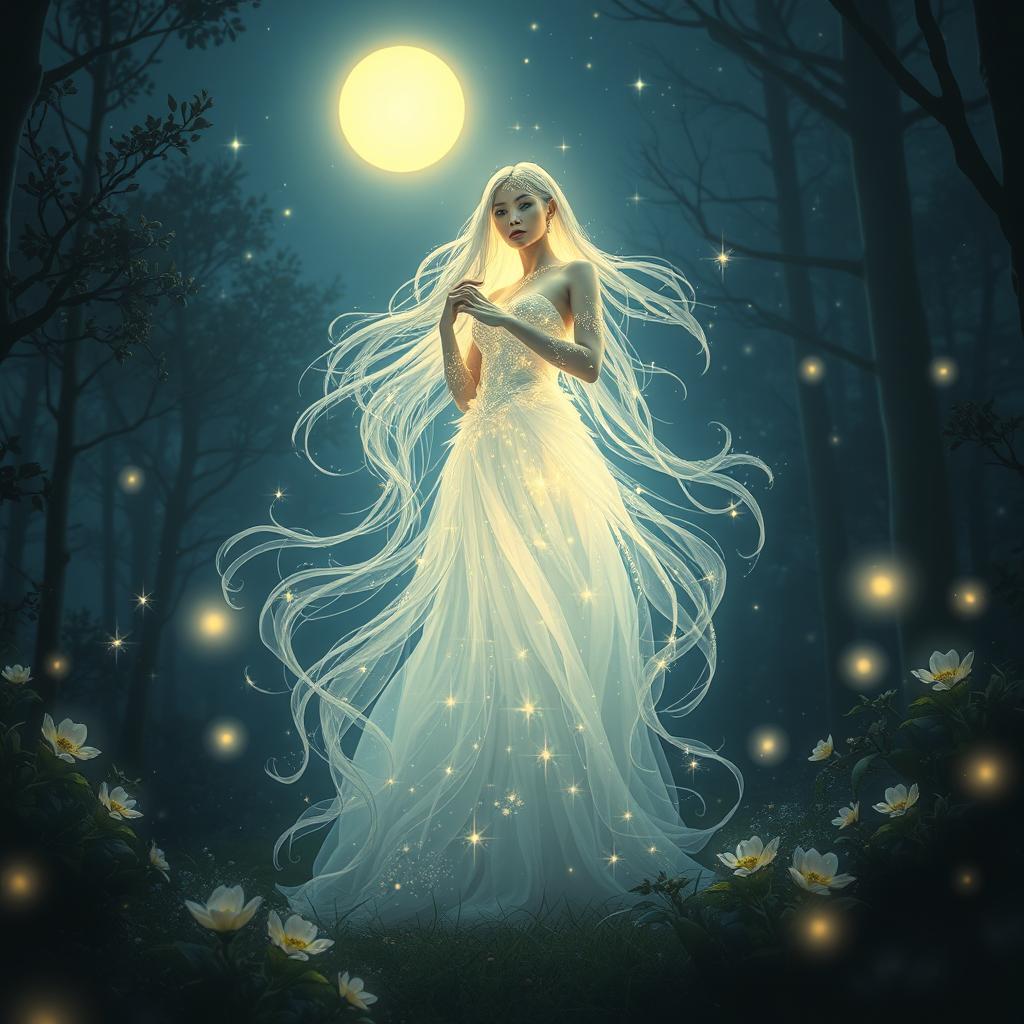 An ethereal figure representing 'Astried', depicted as a beautiful, glowing being in an enchanting forest