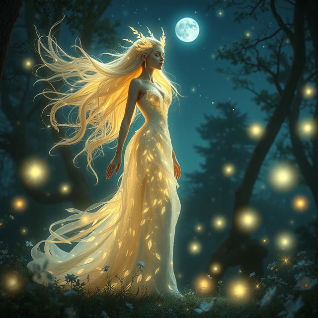 An ethereal figure representing 'Astried', depicted as a beautiful, glowing being in an enchanting forest