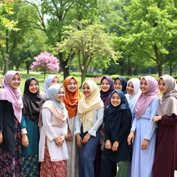 Fifteen diverse hijabi girls, each wearing elegantly styled hijabs in a variety of colors and designs, gathered together in a lively outdoor setting
