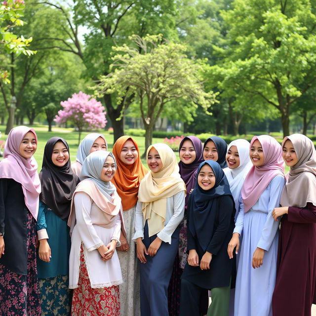 Fifteen diverse hijabi girls, each wearing elegantly styled hijabs in a variety of colors and designs, gathered together in a lively outdoor setting