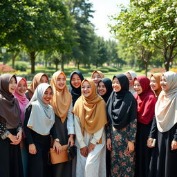 Fifteen diverse hijabi girls, each wearing elegantly styled hijabs in a variety of colors and designs, gathered together in a lively outdoor setting
