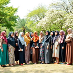 Fifteen diverse hijabi girls, each wearing elegantly styled hijabs in a variety of colors and designs, gathered together in a lively outdoor setting