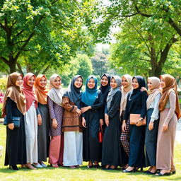Fifteen diverse hijabi girls, each wearing elegantly styled hijabs in a variety of colors and designs, gathered together in a lively outdoor setting