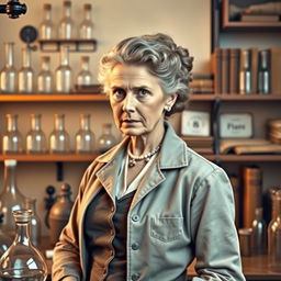 A detailed portrait of Marie Curie in a vintage laboratory setting, surrounded by scientific instruments and elements representing her groundbreaking work in radioactivity