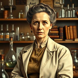 A detailed portrait of Marie Curie in a vintage laboratory setting, surrounded by scientific instruments and elements representing her groundbreaking work in radioactivity