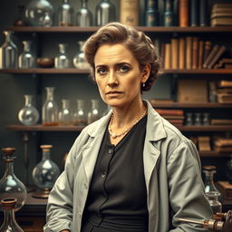 A detailed portrait of Marie Curie in a vintage laboratory setting, surrounded by scientific instruments and elements representing her groundbreaking work in radioactivity