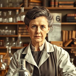 A detailed portrait of Marie Curie in a vintage laboratory setting, surrounded by scientific instruments and elements representing her groundbreaking work in radioactivity