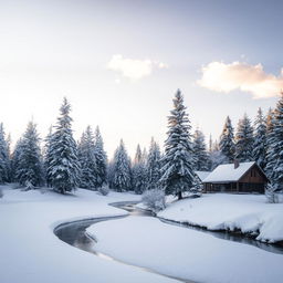 A serene winter landscape covered in a blanket of fresh snow, with towering pine trees dusted with white