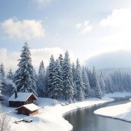 A serene winter landscape covered in a blanket of fresh snow, with towering pine trees dusted with white