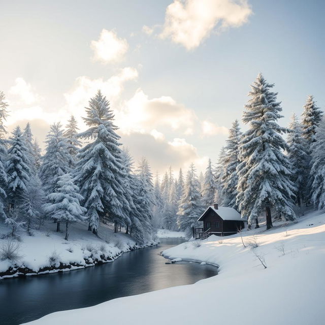 A serene winter landscape covered in a blanket of fresh snow, with towering pine trees dusted with white