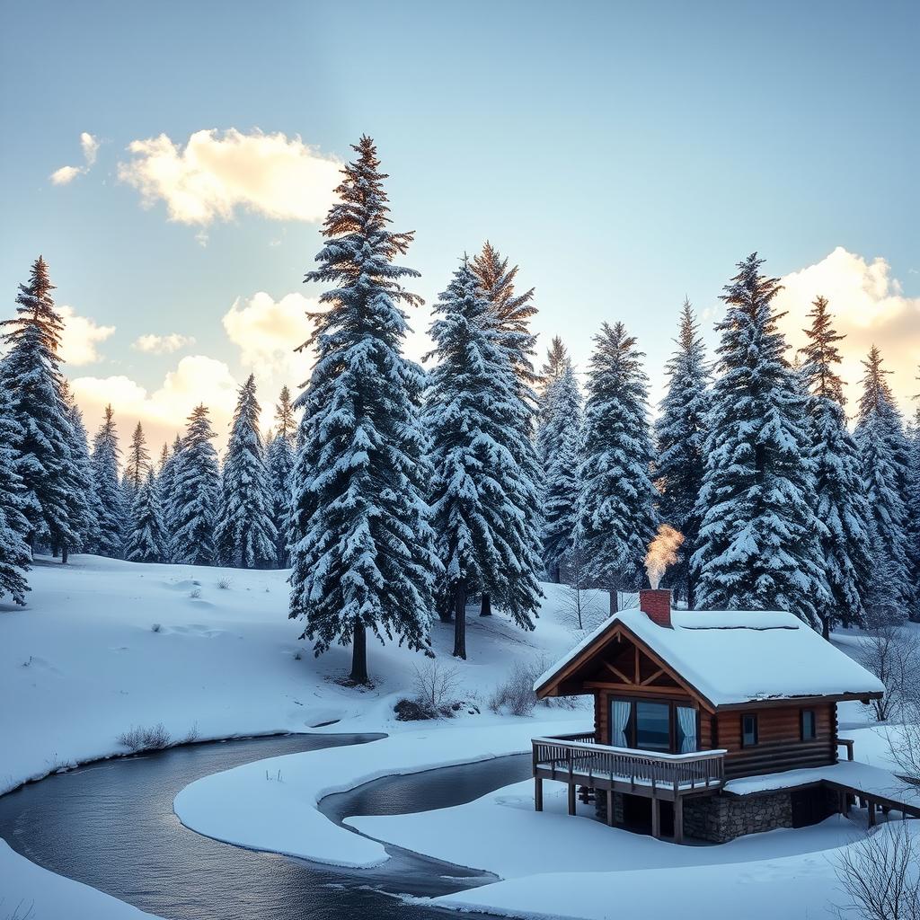 A serene winter landscape covered in a blanket of fresh snow, with towering pine trees dusted with white