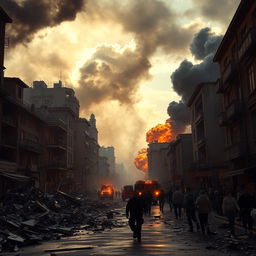 A dramatic scene depicting the aftermath of a bomb explosion, with chaotic urban landscape