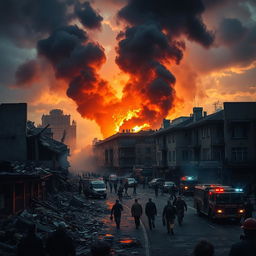 A dramatic scene depicting the aftermath of a bomb explosion, with chaotic urban landscape