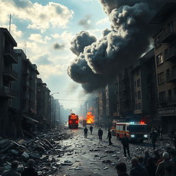 A dramatic scene depicting the aftermath of a bomb explosion, with chaotic urban landscape
