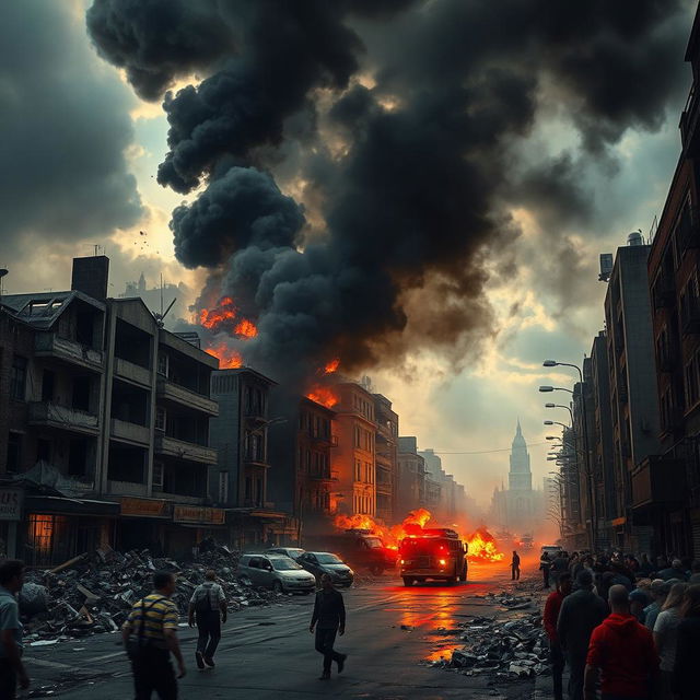 A dramatic scene depicting the aftermath of a bomb explosion, with chaotic urban landscape
