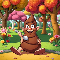 A humorous and surreal cartoon character, looking playful and mischievous, sitting in a vibrant, colorful park surrounded by oversized, comical trees and flowers, holding a spoon playfully while pretending to taste a scoop of chocolate ice cream, but with a clearly exaggerated, cartoonish poop design that looks like a harmless chocolate treat