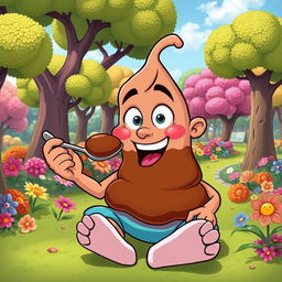 A humorous and surreal cartoon character, looking playful and mischievous, sitting in a vibrant, colorful park surrounded by oversized, comical trees and flowers, holding a spoon playfully while pretending to taste a scoop of chocolate ice cream, but with a clearly exaggerated, cartoonish poop design that looks like a harmless chocolate treat