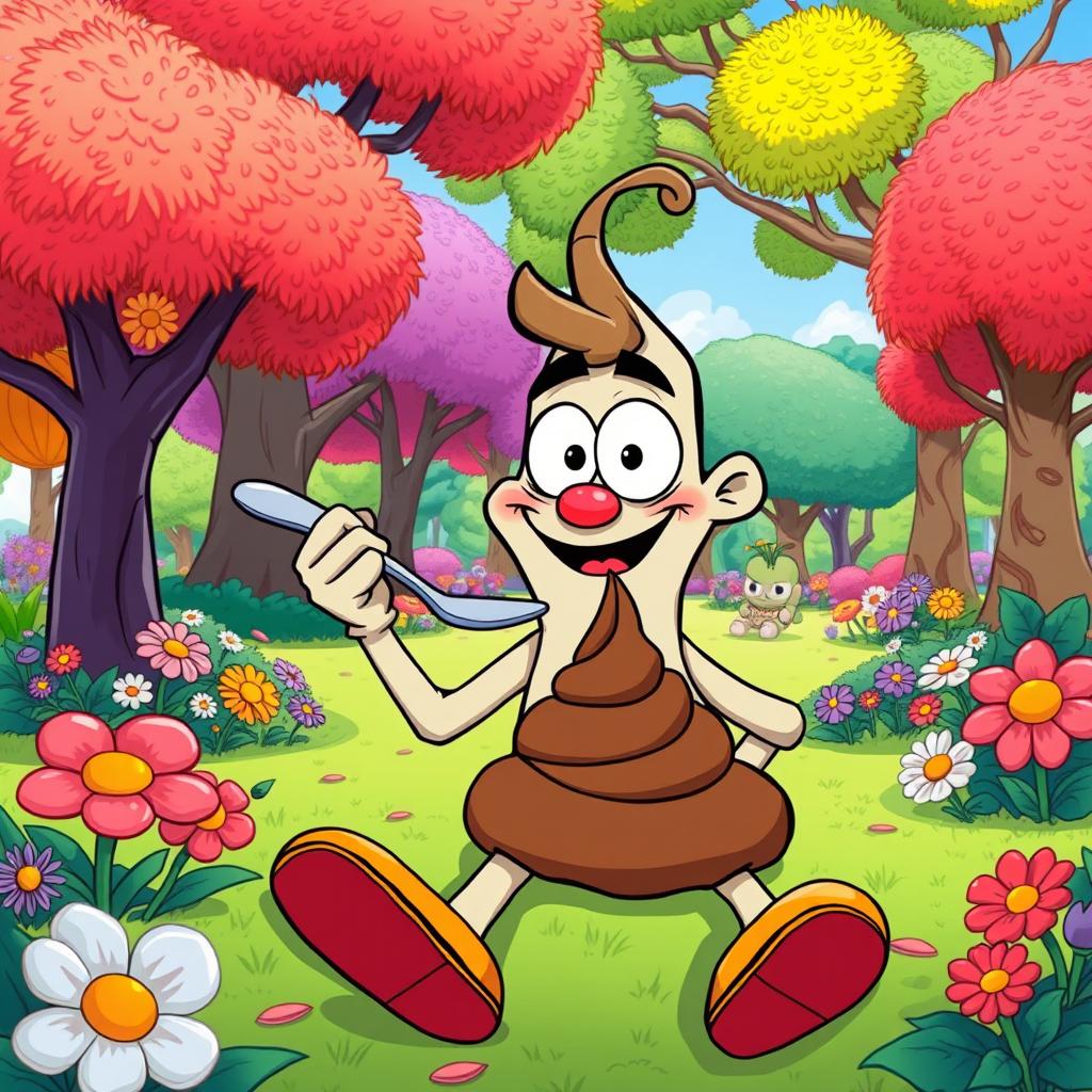 A humorous and surreal cartoon character, looking playful and mischievous, sitting in a vibrant, colorful park surrounded by oversized, comical trees and flowers, holding a spoon playfully while pretending to taste a scoop of chocolate ice cream, but with a clearly exaggerated, cartoonish poop design that looks like a harmless chocolate treat