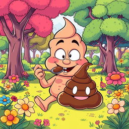 A humorous and surreal cartoon character, looking playful and mischievous, sitting in a vibrant, colorful park surrounded by oversized, comical trees and flowers, holding a spoon playfully while pretending to taste a scoop of chocolate ice cream, but with a clearly exaggerated, cartoonish poop design that looks like a harmless chocolate treat
