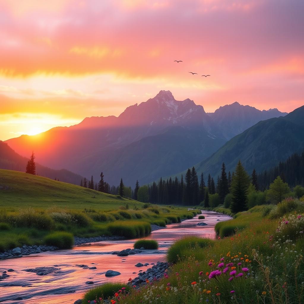 A stunning natural scene showcasing the beauty of a vibrant sunrise breaking over a majestic mountain range