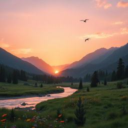 A stunning natural scene showcasing the beauty of a vibrant sunrise breaking over a majestic mountain range