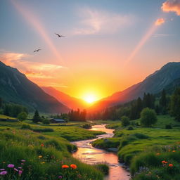 A stunning natural scene showcasing the beauty of a vibrant sunrise breaking over a majestic mountain range