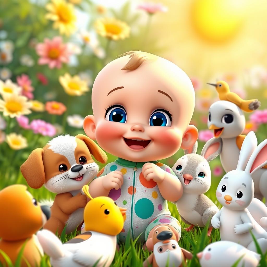 A cute 3D cartoon baby joyfully feeding various friendly animals in a vibrant garden setting