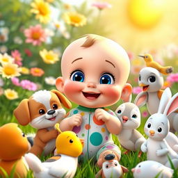 A cute 3D cartoon baby joyfully feeding various friendly animals in a vibrant garden setting