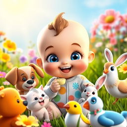 A cute 3D cartoon baby joyfully feeding various friendly animals in a vibrant garden setting