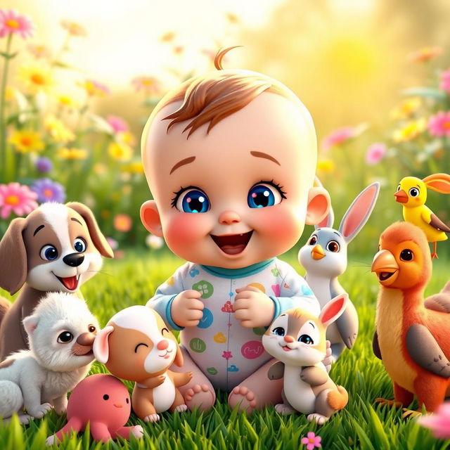 A cute 3D cartoon baby joyfully feeding various friendly animals in a vibrant garden setting