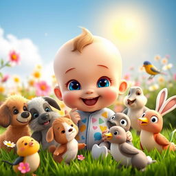 A cute 3D cartoon baby joyfully feeding various friendly animals in a vibrant garden setting