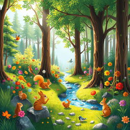 A vibrant and engaging illustration for a children's science book, showcasing a colorful forest scene teeming with life