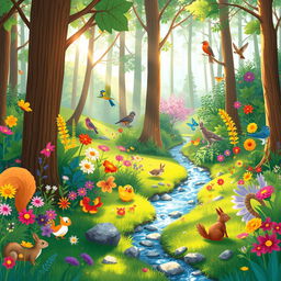 A vibrant and engaging illustration for a children's science book, showcasing a colorful forest scene teeming with life
