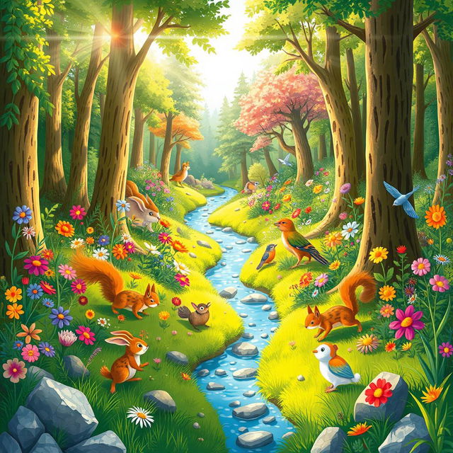 A vibrant and engaging illustration for a children's science book, showcasing a colorful forest scene teeming with life
