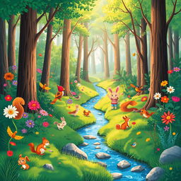 A vibrant and engaging illustration for a children's science book, showcasing a colorful forest scene teeming with life