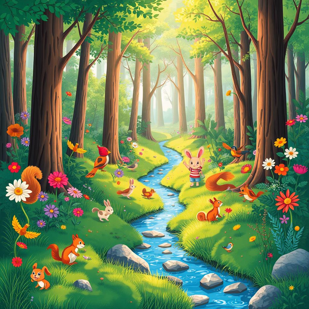 A vibrant and engaging illustration for a children's science book, showcasing a colorful forest scene teeming with life
